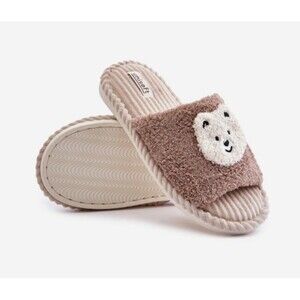 Hello Home Fuzzy Bear Open Toe Slip On Pink Cream Slippers Sz 8-9 New
